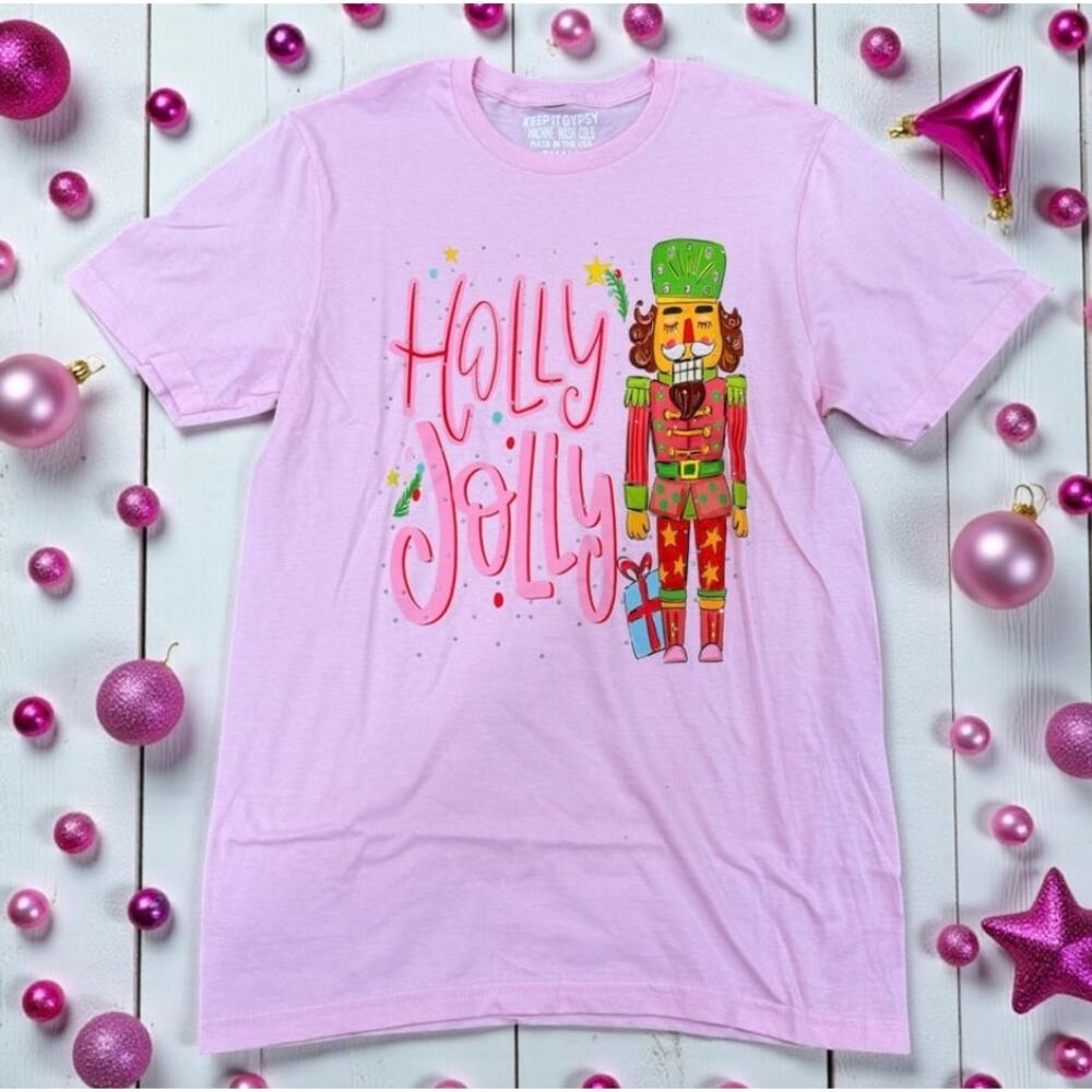 NEW Keep It Gypsy Pink Holly Jolly Nutcracker Graphic Tee Christmas Festive Cute - Picture 2 of 7